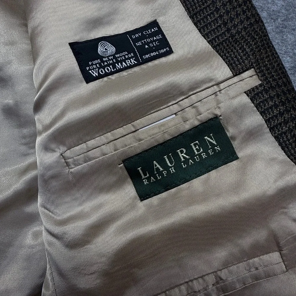 Lauren Ralph Lauren Blazer Mens 40R Glen Plaid 100% Wool Brown Sport Coat Jacket